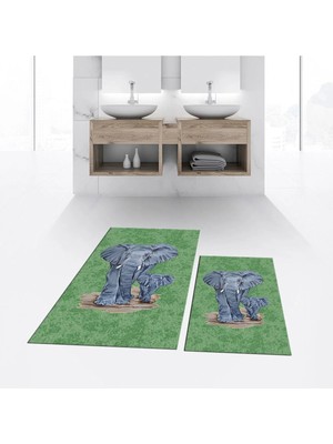 Mikasso Dijital Baskılı Kaymaz Taban Yıkanabilir Ikili Banyo Paspas Klozet Takımı, V-Klozet-33-Yeşil, Polyes