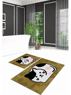 Mikasso Dijital Baskılı Kaymaz Yıkanabilir Kedi Desen Ikili Banyo Takımı Klozet Takımı, N-Klozet-43-Kahve, P