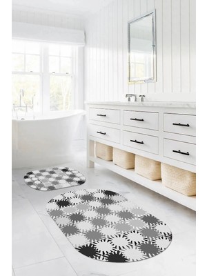 Mikasso Dijital Baskılı Yıkanabilir Kaymaz Taban Sade Modern Oval Banyo Paspası Klozet Takımı Polyester Gri
