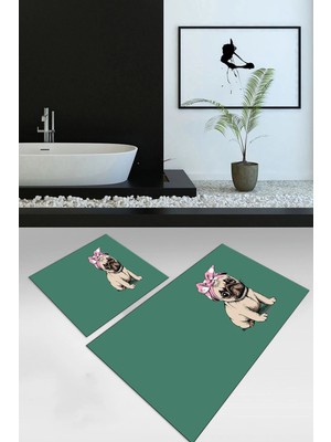 Mikasso Dijital Baskılı Kaymaz Yıkanabilir Köpek Desen Ikili Banyo Takımı Klozet Takımı, N-Klozet-38-Yeşil,