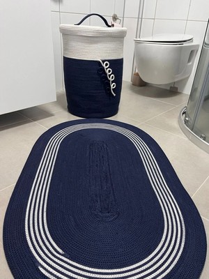 Mikasso Jüt Halı Kilim Paspas Oval Model Özel Tasarım Jüt Jüt El Dokuması Orta (6 - 12 Mm) Lacivert Saçaksız