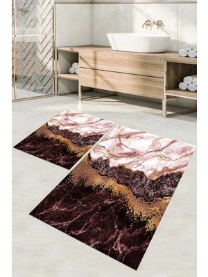 Mikasso Dijital Baskılı Yıkanabilir Kaymaz Taban Mermer Model Banyo Paspası Klozet Takımı Polyester Bordo