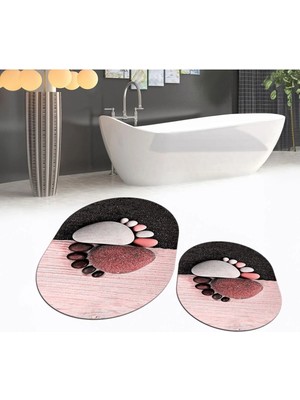 Mikasso Dijital Baskılı Kaymaz Yıkanabilir Oval Ikili Banyo Paspas Klozet Takımı, V-O-Klozet-17-Kırmızı, Pol