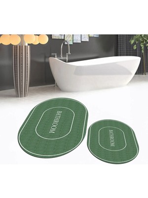 Mikasso Dijital Baskılı Kaymaz Taban Yıkanabilir Oval Ikili Banyo Paspas Klozet Takımı, V-O-Klozet-04-Yeşil,