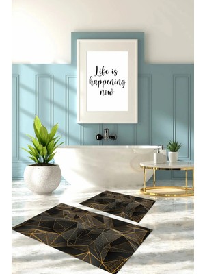 Mikasso Dijital Baskılı Yıkanabilir Geometrik Desenli Banyo Paspası Klozet Takımı Polyester Altın