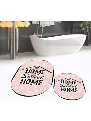 Mikasso Dijital Baskılı Kaymaz Taban Yıkanabilir Oval Ikili Banyo Paspas Klozet Takımı, V-O-Klozet-14-Pembe,