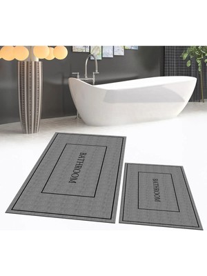 Mikasso Dijital Baskılı Kaymaz Taban Yıkanabilir Ikili Banyo Paspas Klozet Takımı, V-Klozet-04-Gri, Polyeste