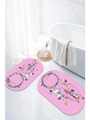 Mikasso Dijital Kaymaz Taban Yıkanabilir Renkli Kuş Tüy Model Oval Banyo Paspası Klozet Takımı Polyester Çok