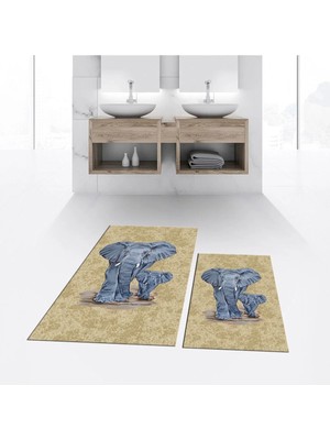 Mikasso Dijital Baskılı Kaymaz Taban Yıkanabilir Ikili Banyo Paspas Klozet Takımı, V-Klozet-33-Kahve, Polyes