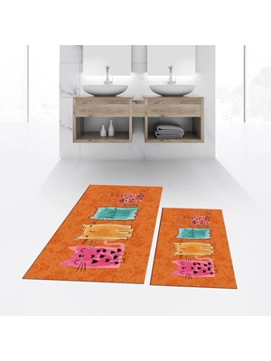Mikasso Dijital Baskılı Kaymaz Taban Yıkanabilir Ikili Banyo Paspas Klozet Takımı, V-Klozet-41-Turuncu, Poly