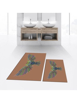 Mikasso Dijital Baskılı Kaymaz Taban Yıkanabilir Ikili Banyo Paspas Klozet Takımı, V-Klozet-37-Kahve, Polyes