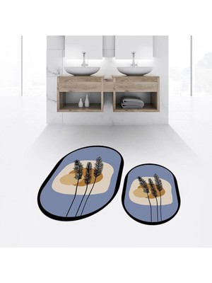 Mikasso Dijital Baskılı Kaymaz Taban Yıkanabilir Oval Ikili Banyo Paspas Klozet Takımı, V-O-Klozet-28-Mavi,