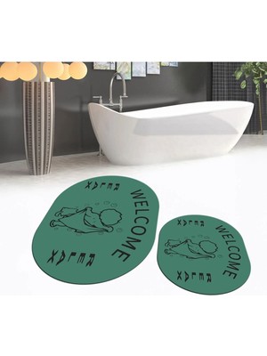 Mikasso Dijital Baskılı Kaymaz Taban Yıkanabilir Oval Ikili Banyo Paspas Klozet Takımı, V-O-Klozet-11-Yeşil,