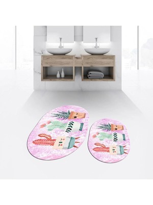 Mikasso Dijital Baskılı Kaymaz Taban Yıkanabilir Oval Ikili Banyo Paspas Klozet Takımı, V-O-Klozet-24-Pembe,