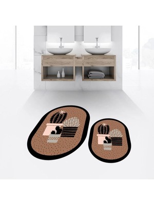 Mikasso Dijital Baskılı Kaymaz Taban Yıkanabilir Oval Ikili Banyo Paspas Klozet Takımı, V-O-Klozet-22-Kahve,