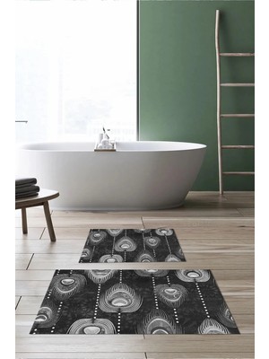 Mikasso Dijital Baskılı Kaymaz Taban Yıkanabilir Banyo Paspası 2'li Klozet Takımı Halısı Polyester Gri