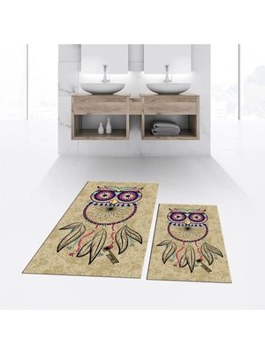 Mikasso Dijital Baskılı Kaymaz Taban Yıkanabilir Ikili Banyo Paspas Klozet Takımı, V-Klozet-35-Kahve, Polyes