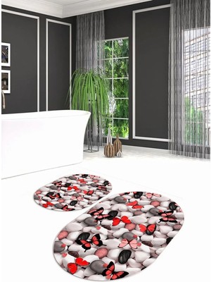 Mikasso 3D Dijital Baskılı Kaymaz Taban Yıkanabilir Oval Banyo Takımı Klozet Takımı, N-O-Klozet-44-Kırmızı,