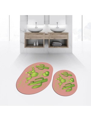 Mikasso Dijital Baskılı Kaymaz Taban Yıkanabilir Oval Ikili Banyo Paspas Klozet Takımı, V-O-Klozet-23-Pembe,
