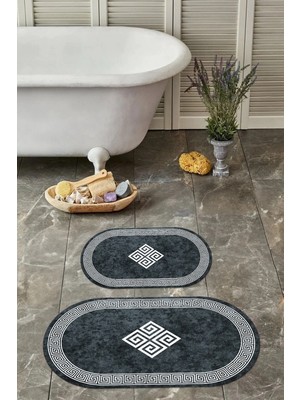Mikasso Dijital Yıkanabilir Çerçeveli Klasik Model Oval Banyo Paspası Klozet Takımı Polyester Gri