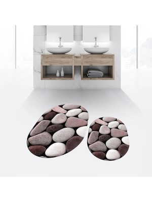 Mikasso Dijital Baskılı Kaymaz Taban Yıkanabilir Oval Ikili Banyo Paspas Klozet Takımı, V-O-Klozet-46-Pembe,