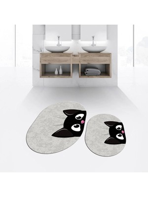 Mikasso Dijital Baskılı Kaymaz Taban Yıkanabilir Oval Ikili Banyo Paspas Klozet Takımı, V-O-Klozet-40-Gri, P