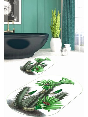 Mikasso Baskılı Kaymaz Taban Yıkanabilir Kaktüs Desen Oval Banyo Paspası 2'li Klozet Takımı Polyester Çok Re