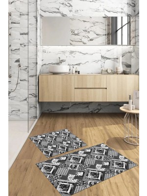 Mikasso Dijital Baskılı Yıkanabilir Klasik Çiçek Desenli Banyo Paspası Klozet Takımı Polyester Gri