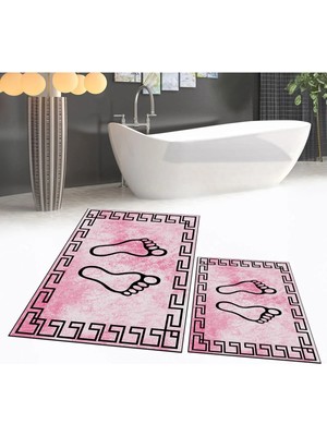 Mikasso Dijital Baskılı Kaymaz Taban Yıkanabilir Ikili Banyo Paspas Klozet Takımı, V-Klozet-19-Pembe, Polyes