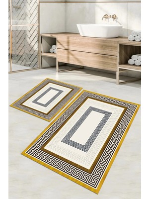 Mikasso Dijital Baskılı Yıkanabilir Kaymaz Taban Klasik Model Banyo Paspası Klozet Takımı Polyester Altın