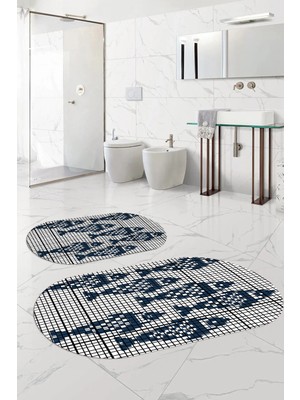 Mikasso Dijital Yıkanabilir Kaymaz Taban Balık Modelli Oval Banyo Paspası Klozet Takımı Polyester Lacivert