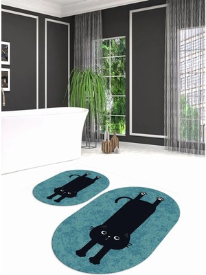 Mikasso Dijital Kaymaz Yıkanabilir Kedi Desen Oval Banyo Takımı Klozet Takımı, N-O-Klozet-39-Mavi, Polyester
