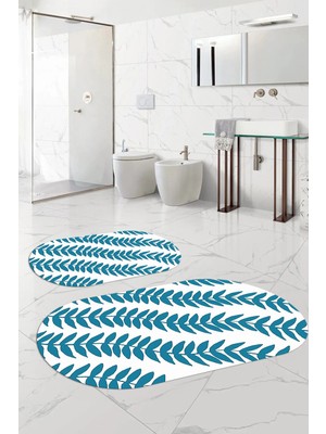 Mikasso Dijital Baskılı Yıkanabilir Kaymaz Taban Yaprak Desenli Oval Banyo Paspası Klozet Takımı Polyester M