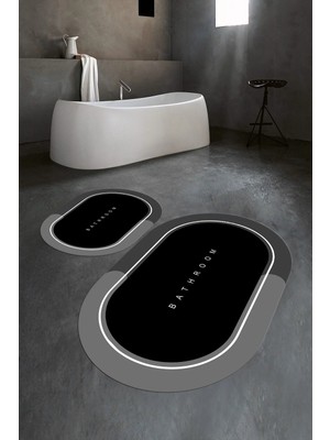 Mikasso Dijital Baskılı Kaymaz Yıkanabilir Bathroom Oval Banyo Takımı Klozet Takımı Polyester Siyah