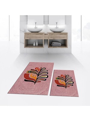 Mikasso Dijital Baskılı Kaymaz Taban Yıkanabilir Ikili Banyo Paspas Klozet Takımı, V-Klozet-27-Pembe, Polyes