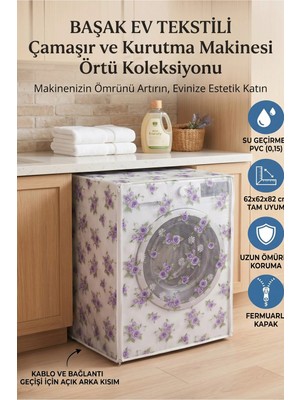 Mikasso Şeffaf Pvc Çamaşır ve Kurutma Makinesi Örtüsü – Mor Çiçek Desenli, Su Geçirmez Plastik Mor