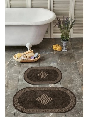 Mikasso Dijital Yıkanabilir Çerçeveli Klasik Model Oval Banyo Paspası Klozet Takımı Polyester Kahverengi