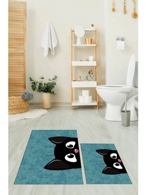 Mikasso Baskılı Yıkanabilir Kaymaz Kedi Desenli Ikili Banyo Halısı Paspas Klozet Takımı Polyester Mavi