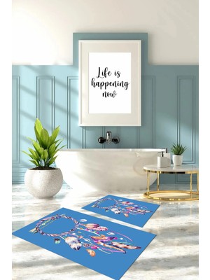 Mikasso Dijital Baskılı Yıkanabilir Kaymaz Taban Kuş Tüyü Desenli Banyo Paspası Klozet Takımı Polyester Mavi