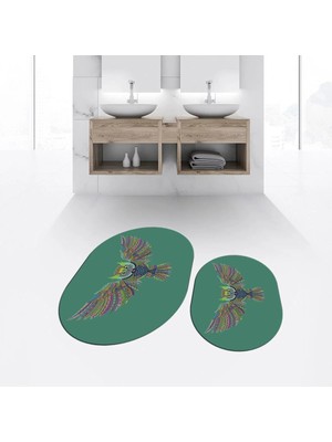Mikasso Dijital Baskılı Kaymaz Taban Yıkanabilir Oval Ikili Banyo Paspas Klozet Takımı, V-O-Klozet-37-Yeşil,
