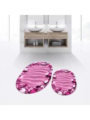 Mikasso Dijital Baskılı Kaymaz Taban Yıkanabilir Oval Ikili Banyo Paspas Klozet Takımı, V-O-Klozet-47-Pembe,