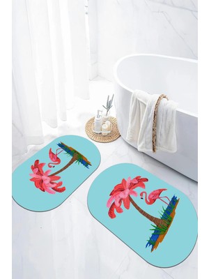 Mikasso Dijital Kaymaz Taban Yıkanabilir Palmiye Model Oval Banyo Paspası Klozet Takımı Polyester Çok Renkli