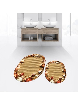 Mikasso Dijital Baskılı Kaymaz Yıkanabilir Oval Ikili Banyo Paspas Klozet Takımı, V-O-Klozet-47-Renkli, Poly