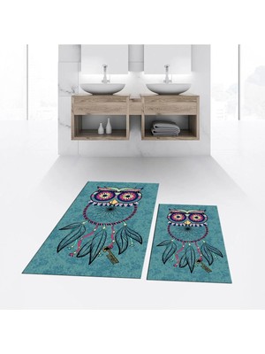 Mikasso Dijital Baskılı Kaymaz Taban Yıkanabilir Ikili Banyo Paspas Klozet Takımı, V-Klozet-35-Mavi, Polyest