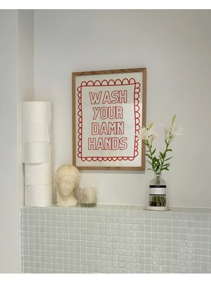 Mikasso Wash Your Damn Hands, Banyo Temalı Poster, Çerçevesiz Banyo Posteri, Banyo Dekorasyon Kağıt Kırmızı