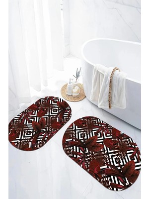 Mikasso Dijital Kaymaz Taban Yıkanabilir Palmiye Yapraklı Desenli Oval Banyo Paspası Klozet Takımı Polyester