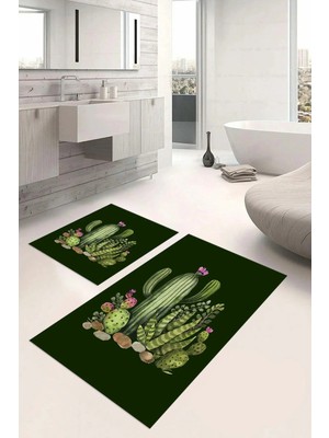 Mikasso Dijital Baskılı Yıkanabilir Kaymaz Taban Kaktüs Desenli Banyo Paspası Klozet Takımı Polyester Yeşil
