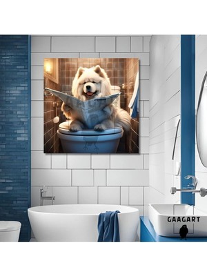 Mikasso Tekli Kare Kanvas Banyo Tablosu Gazete Okuyan Beyaz Çin Aslanı Kanvas Çok Renkli Çerçevesiz