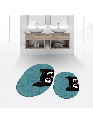 Mikasso Dijital Baskılı Kaymaz Taban Yıkanabilir Oval Ikili Banyo Paspas Klozet Takımı, V-O-Klozet-40-Mavi,