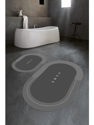 Mikasso Dijital Baskılı Kaymaz Yıkanabilir Home Oval Banyo Takımı Klozet Takımı Polyester Gri